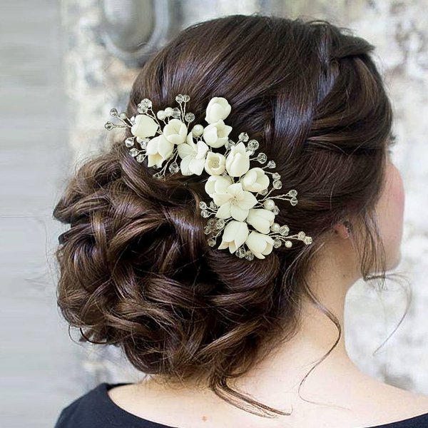 Sooshin Porcelain Flower Bridal Hair Comb Pearl Wedding Hair Accessories for Brides Crystal Wedding Headpiece for Bride and Bridesmaids Rhinestone Hair Accessory for Women and Girls (silver)
