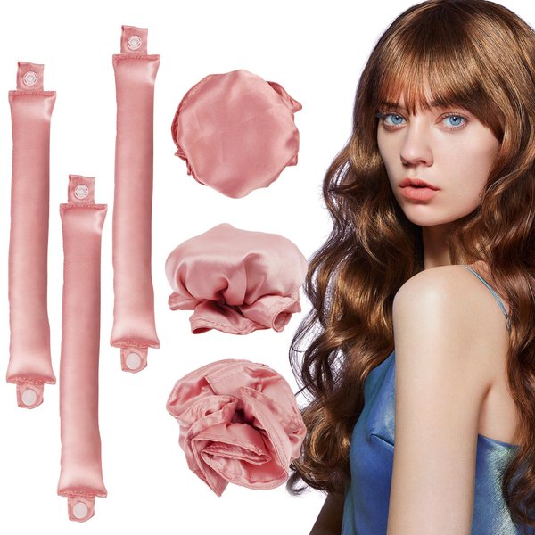 6 Pcs Set Heatless Hair Curler，Satin Heatless Curling Set, Heatless Curls Headband, Overnight Curling Headband, Heatless Curling Set, Creates Beautiful Curls Without Damaging The Hair (pink)