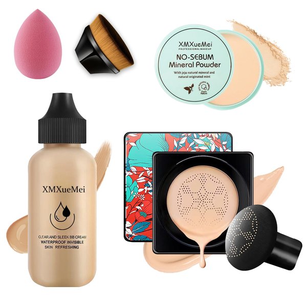 Mushroom Head Air Cushion CC Cream Foundation Set,Includes Full Coverage Foundation,Moisturizing BB Cream,Waterproof Loose Setting Powder,Black Petal Brush and Pink Makeup Sponge