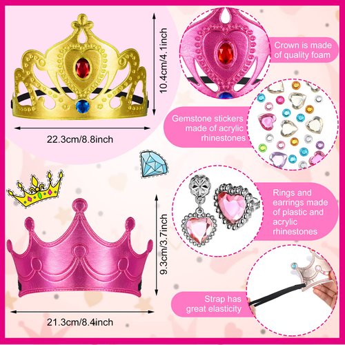 36 Pieces Foam Costume Headwear Princess Tiaras and Crowns Set with DIY Crystal Diamond Stickers, Rings and Earrings for Kids Party Favors