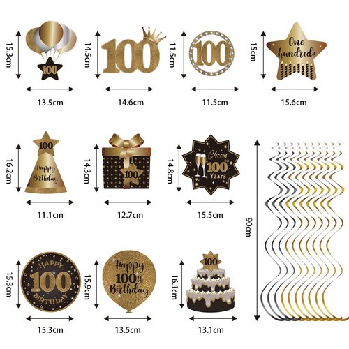 Happy 100th Birthday Party Hanging Swirls Streams Ceiling Decorations, Celebration 100 Foil Hanging Swirls with Cutouts for 100 Years Old Black and Gold Birthday Party Decorations Supplies