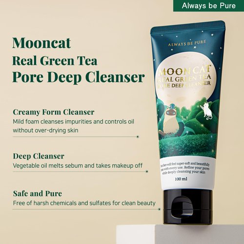 ALWAYS BE PURE Mooncat Real Green Tea Pore Deep Cleanser 100ml(3.38oz) ㅣ clay pack to foram, blackhead, face wash, for dry skin, korean skincare