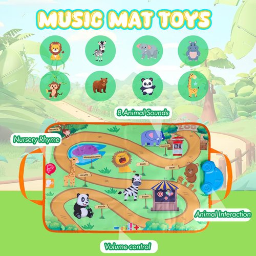 New Pull Back Vehicle & Music Mat Set, Soft Baby Toy Set with 4 Cute Animal Cars and Touch Play Blanket, New Interactive Mode, Folding and Storage 2-in-1, First Birthday Gifts for Toddler Toys 1-3