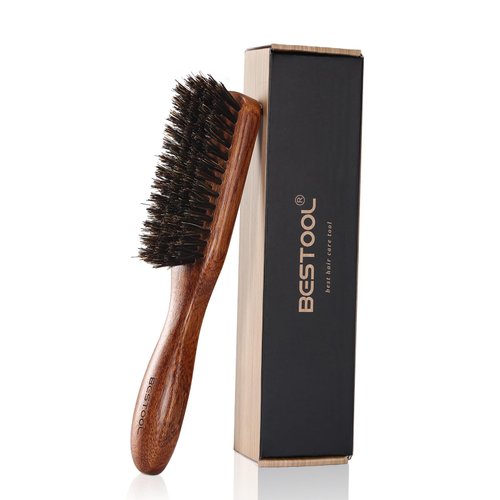 BESTOOL Hair Brush, Boar Bristle Beard Brush for Daily Beard Care, Men Brush with Handle Made of Beech Wood (Brown)