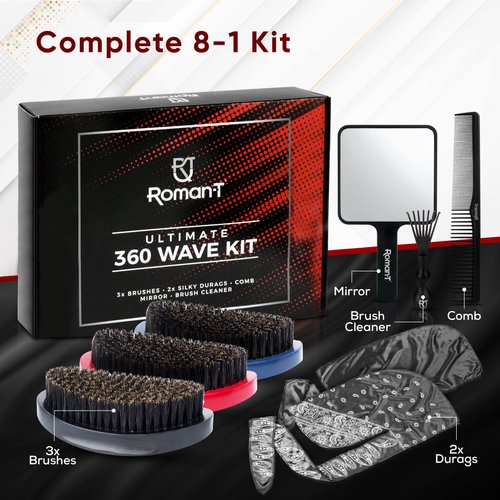 Roman-T 8-in-1 360 Wave Brush Kit for 360 Waves - 3 Brushes, Soft, Medium & Hard - 2 Silky Satin Durag - Black & Black Paisley, Hand Mirror, Comb, Hair Brush Cleaner - Gift Set