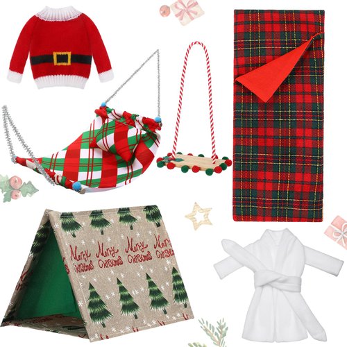 Liliful 6 Pcs Christmas Elf Sleeping Bag Set Elf Camping Accessory Set with Elf Christmas Tent, Sweater, Bathrobe, Swing Christmas Elf Hammock Xmas Doll Accessory for Doll Decorations(Cute)
