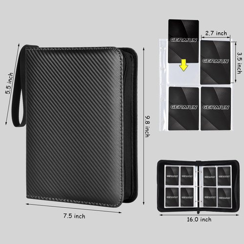 GERMUN 4 Pocket Card Binder, Premium Zip Trading Card Binder, 400 Double Sided Pocket PU Card Collection Binder, Collector Card Album, Card Folder for MTG, TCG, Sports Cards, Game Cards (Black)