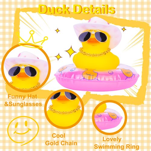 MuMyer 2Pcs Car Rubber Duck Yellow Duck Car Dashboard Decorations Duck Car Ornaments with Alloy Glasses Mini Swim Ring Sun Hat and Necklace for Car Dashboard Decoration Accessories(C-White&Pink)