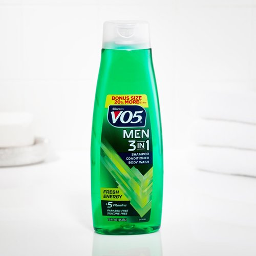 VO5 Alberto Men 3 in 1 Fresh Energy - 3 in 1 Shampoo Conditioner and Body Wash - With 5 Oils and 5 Vitamins - Fresh, Long Lasting Scent - 15 oz