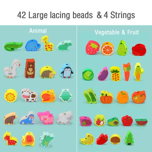 Montessori Educational Wooden Lacing Beads Toys for Toddler 3 4 5 Year Old, Farm Animals Fruits Vegetables Threading Toys Preschool Stringing Fine Motor Skills Toy for Boys Girls [with 3D Stickers]