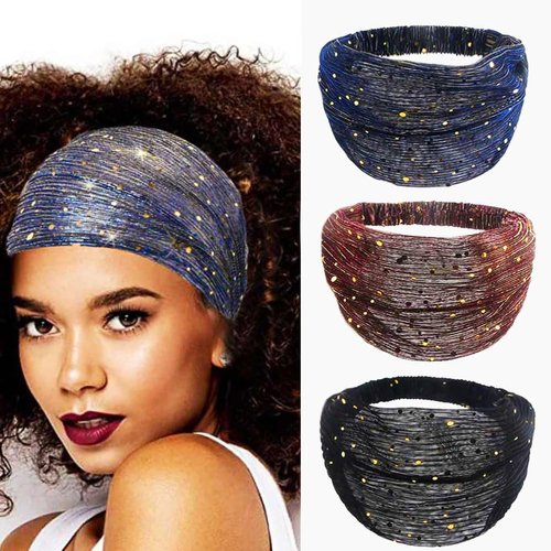 CAKURE Sequin Wide Headband Black Turban Headbands African Glitter Head Wraps Stretchy Bling Hair Wraps Hair Bands Yoga Running Sport Hair Accessories for Women and Girls
