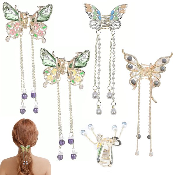 KuuGuu 4 PCS Tassel Butterfly Hair Clips Metal Butterfly Hair Claw Clips Fashion Non-slip Hairpins Cute Fluttering Tassel Barrettes for Women Girls Valentines Wedding Prom Birthday Hair Accessories