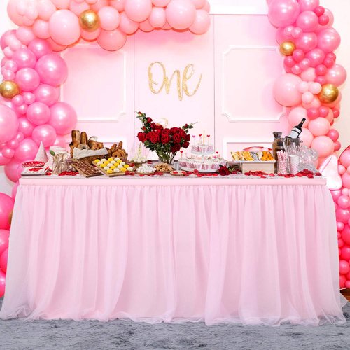 108inch Pink Tulle Table Skirt for 4/6/8ft Rectangle Round Tables, 2-Layer Ruffle Princess Pink Tulle Tutu ClothTable Skirts for Birthday Party Baby Shower Cake Dessert Tables(No Table Cover)