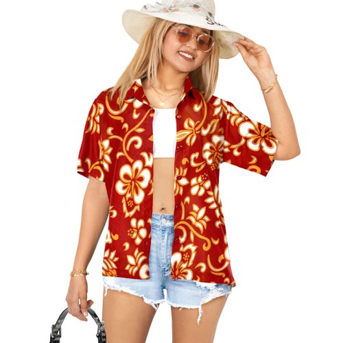 LA LEELA Button Down Shirt for Women Casual Summer Beach Party Short Sleeve Blouse Shirt Open Front Colorful Blouses Dress Shirts Dresses for Women XL Floral, Red