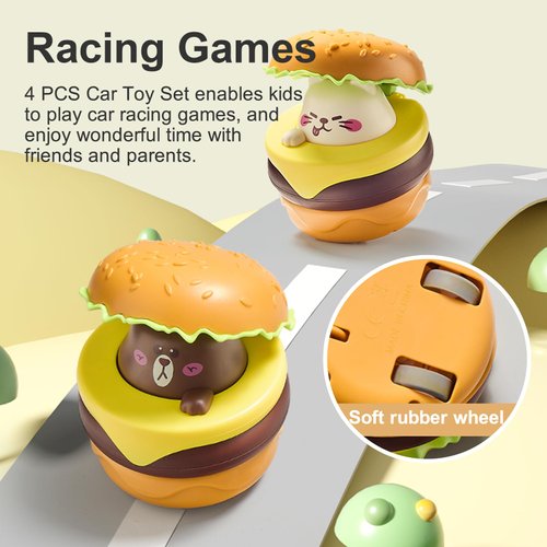 UTOPLIKEY Toy Cars for Toddlers 1-3 4PCS Press and Go Vehicle Toys for Baby Early Development Burger Push Car
