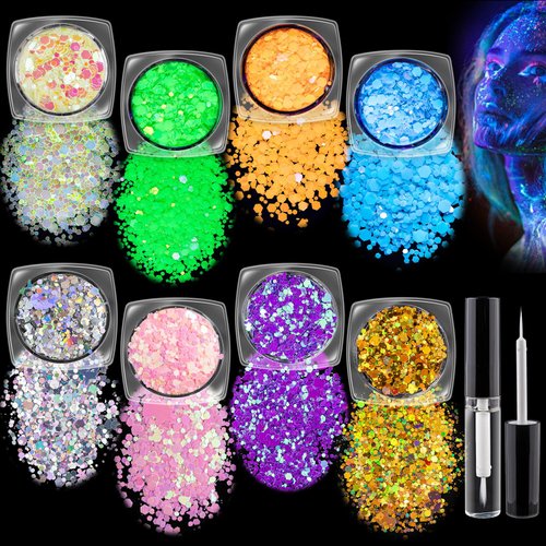 Chunky Glitter 4 Colors and Glow in The Dark Glitter 4 Colors with Glue Set 2, Holographic Body Glitter + Glow Glitter for Women Face Body Nail Hair Makeup at The Concert/Festival/Rave Party