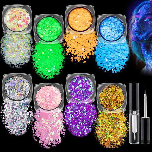 Chunky Glitter 4 Colors and Glow in The Dark Glitter 4 Colors with Glue Set 2, Holographic Body Glitter + Glow Glitter for Women Face Body Nail Hair Makeup at The Concert/Festival/Rave Party