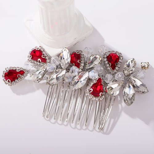 BERYUAN Bridal Hair Comb Rhinestone Teardrop Hair Comb for Bride Wedding Handmade Hair Accessories for Women Girls (red, SILVER)