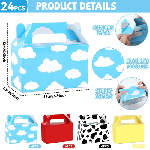 24Pcs Cartoon Story Birthday Party Favor Boxes for Toy Inspired Game Story Party Decorations Cow Print Sky Blue Cloud Treat Boxes Toy Party Goodies Boxes for Kids Birthday Baby Shower Party Supplies