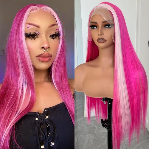 Itimay Pink Highlight Wigs Long Straight Hair Natural Looking Heat Resistant Glueless Hair Pink Hair Synthetic Lace Front Wigs for Fashion Women