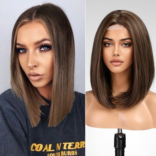 KOME Natural Brown Highlight Short Bob Wigs,Brown Straight Shoulder Length Wigs for Women,Middle Part Heat Resistant Fibre Synthetic Wig Daily Use…