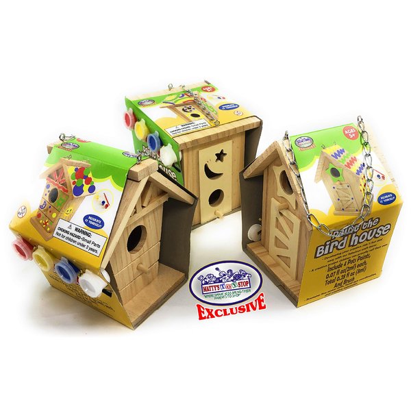 Matty's Toy Stop Paint Your Own Small Wooden Birdhouses (Includes Paints & Brushes) Gift Set Bundle - 3 Pack