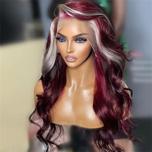 AimeileMiss Lace Front Wigs Burgundy 99J with 60#Blonde Streak Colorfull Long Wavy Glueless Synthetic Hair Heat Resistant Fiber Wig with Baby Hair For Black Women 24inches