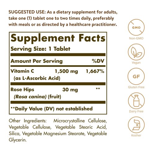 Solgar Vitamin C 1500 mg with Rose Hips, 180 Tablets - Antioxidant & Immune Support - Overall Health - Supports Healthy Skin & Joints - Non GMO, Vegan Gluten Free, Dairy Free, Kosher - 180 Servings
