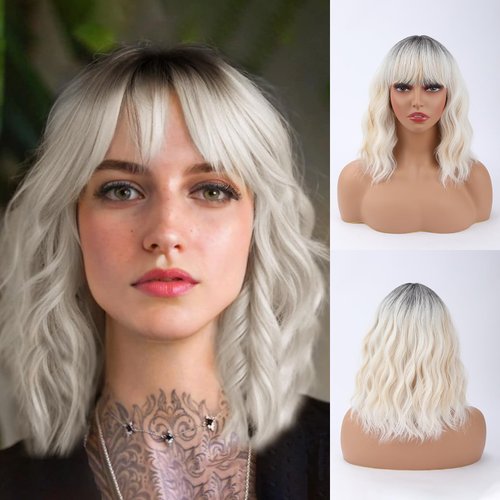 SUIYISHANGMAO White Mixed with Blonde Curly Wigs for Women Shoulder Length Short Bob Wigs with Bangs Loose Wavy Charming Wigs Natural Hair Wig for Daily Life and Party Use