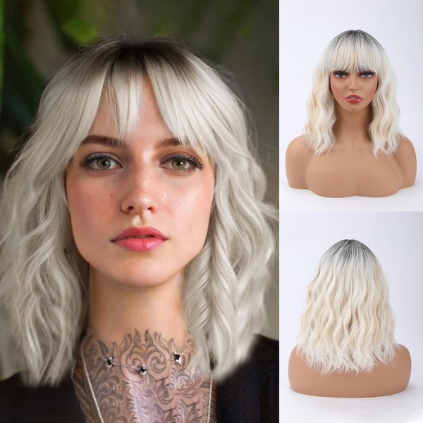 SUIYISHANGMAO White Mixed with Blonde Curly Wigs for Women Shoulder Length Short Bob Wigs with Bangs Loose Wavy Charming Wigs Natural Hair Wig for Daily Life and Party Use