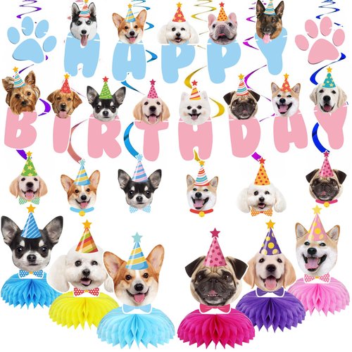 GOYOSWA Dog Birthday Party Supplies, Dog Party Decorations Dog Themed Birthday Party Supplies Includes 1 Birthday Banner, 6 Dog Honeycomb Centerpieces, 6 Hanging Swirls with 6 Dog Cutouts Decorations