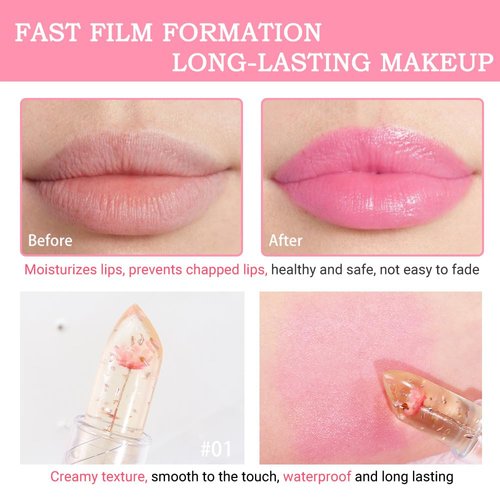 BINGBRUSH 2 Pcs Crystal Flower Jelly Color Changing Lipstick,Long Lasting Lip Care Moisturizer Lip Balm Magic Lip Gloss Lip Tint Stain Matte Makeup Lipstick (01#Pink&02#Rose red)