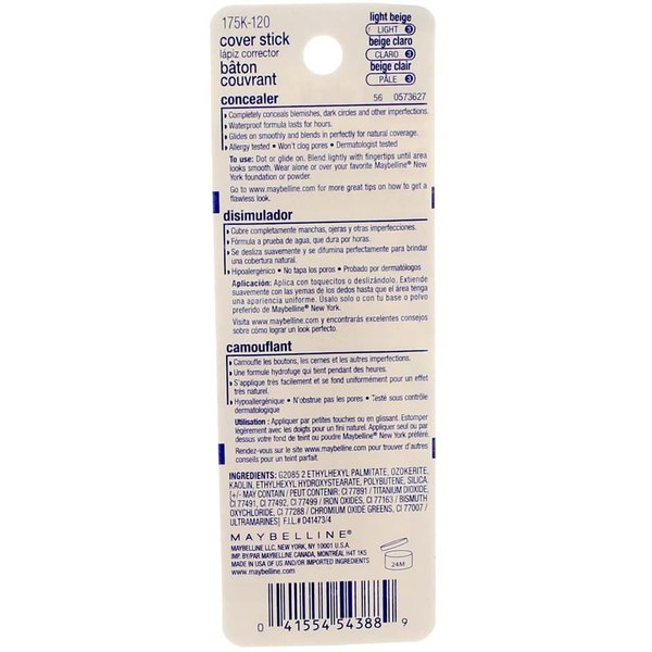 Maybelline Cover Stick Concealer, Light Beige [120], 0.16 oz