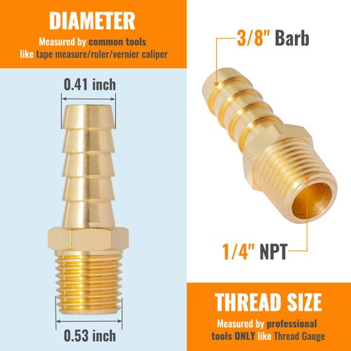 SUNGATOR 6-Pack Air Hose Fittings, 1/4" NPT to 3/8" Barb, Hose Barb Adapter, Brass Pipe Fittings Male Threaded End