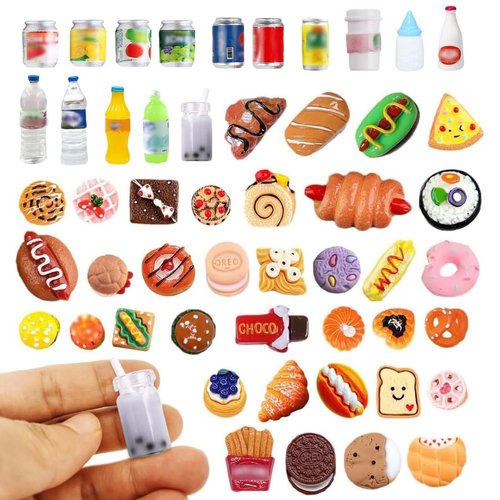 50Pcs Miniature Food Drinks Bottle Soda Pop Cans, Pretend Play Mini Kitchen Game Party Accessories Toys Hamburg Cake Ice Cream for 1/12 Doll House