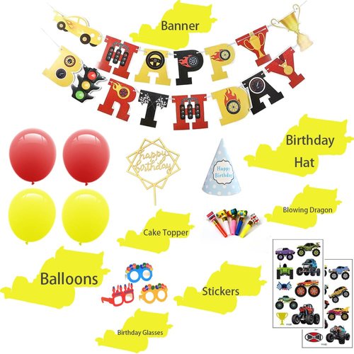 Racing Party Supplies - Birthday Party Decorations for Children,Contain a Racing Banner,6 Foil Balloons,4 Latex Balloons,a Acrylic Golden Cake Topper ,Great for Children Birthday Party