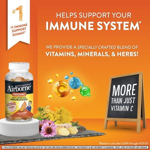 Airborne 750mg Vitamin C Gummies For Adults, Immune Support Supplement with Powerful Antioxidants Vitamins C & E - 63 Gummies, Zesty Orange Flavor