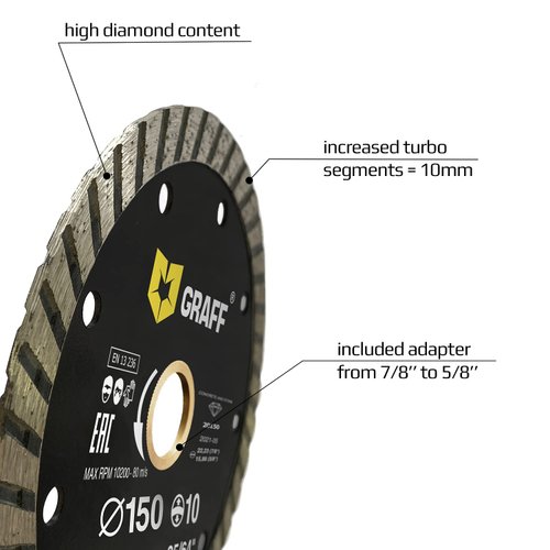 GRAFF 6 Inch Diamond Blade for Angle Grinder - Diamond Cutting Wheel for Cutting Stone, Marble, Granite, Brick, Masonry, Paving Flag, Concrete - Turbo Diamond Saw Blades - 150 mm