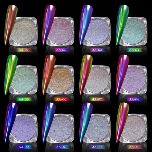 CHARMING MAY Holographic Chrome Nail Powder Sparkle Diamond Reflective Glitter Dust Metallic Nail Powder Magic Galaxy Effect for Nails Art (12Box Chameleon)