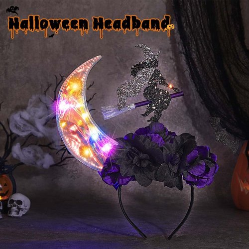Fashey Halloween Light Up Headband LED Lighting Moon Headbands Black Rose Hairband Festival Witch Costume Hair Accessories for Women and Girls