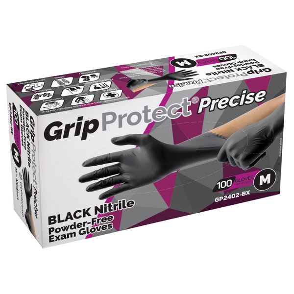 GripProtect® Precise Black Nitrile Exam Gloves | 4 Mil | Chemo-Rated | Food, Home, Hospital, Law Enforcement, Tattoo | (Medium, 100)