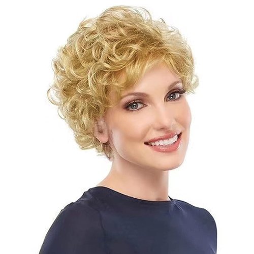 Dai Cloud Short Blonde Wigs for White Women Curly Natural Old Lady Hair Wig with Bangs Costume Halloween Party Daily Wig(Blonde) (blond)