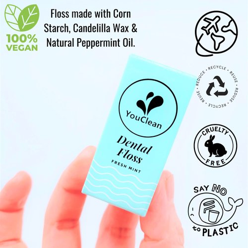 YouClean Natural Peppermint Essential Oil Infused Vegan Plant-Based Waxed Dental Floss 38 Yards/ 35 Meters in Refillable Glass Jar
