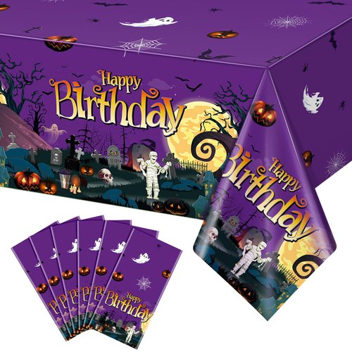 6 Pack Halloween Birthday Party Tablecloth, Happy Birthday Halloween Table Cover, Pumpkin Ghost Spooky Castle Halloween Party Supply for Boy Kids Girl, Halloween Birthday Party Decoration 108x54 Inch