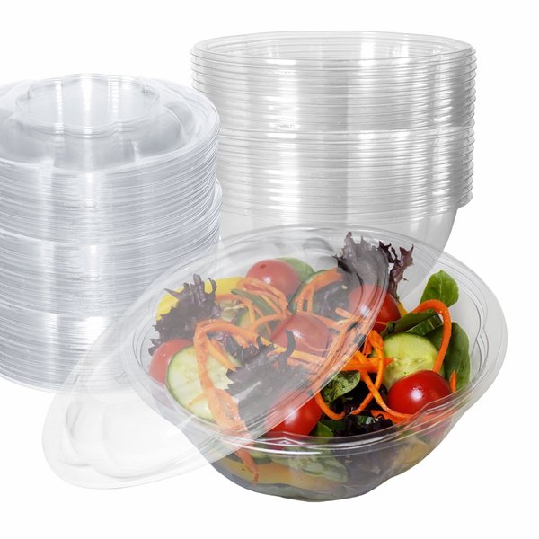 32oz Clear Disposable Salad Bowls with Lids (100 Pack) - Clear Plastic Disposable Salad Containers for Lunch To-Go, Salads, Fruits, Airtight, Leak Proof, Fresh, Meal Prep | Rose Bowl Container (32oz)