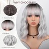 MINLEE Silver Gray Wig with Bangs for Women 14 Inch Short Bob Wavy Curly Wig Gray Hair Wigs Heat Resistant Synthetic Wigs