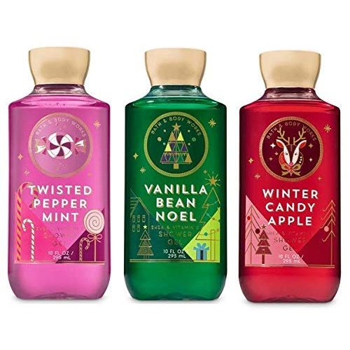 Bath and Body Works 3 Pack Shower Gel 10 Oz. Twisted Peppermint, Vanilla Bean Noel and Winter Candy Apple.