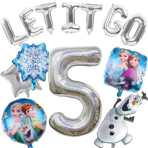 MAXIUSS Frozen 13 PCS Children's Birthday Decorations-Blue Aluminum Balloons, Snowman Themed Balloons for 5th Birthday Party