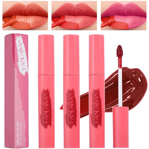 3 Colors Long-Lasting Peel Off Matte Lip Tint，Matte Natural Mist Lip Tinted，Peel Off Lip Liner Tattoo Stain，Highly-Pigmented Peel Off Lip Gloss，Non-Stick & Waterproof Formula，Transfer-proof