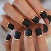 iMABC Matte Black Full Cover Short Round Press On Nails Gold Metallic Line Designed Plastic Frosted Cute Fake False Nails Set 24pcs Stick on Tips Manicure